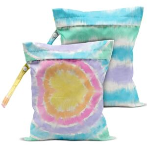 2 Pcs Wet Bag, Wet Dry Bag, Wet Bag for Swimsuit, Travel, Beach, Pool, Stroller, Diapers, Dirty Yoga Gym Clothes, Toiletries, Makeup Bag, Rainbow Heart Decor for Women Girls Birthday Tie Dye Pattern.