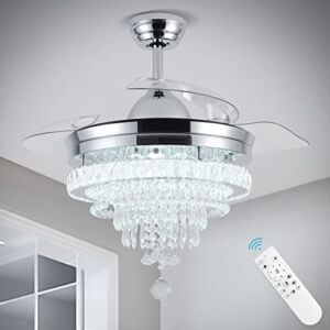 Dimmable Crystal Ceiling Fan with Light and Remote Control 42″ Invisible Fandelier Crystal Chandelier Fan 3-Blade Retractable Led Fan Chandelier for Bedroom Living Room 36W