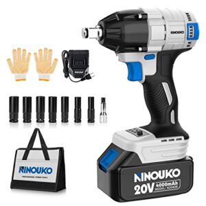 NINOUKO Cordless Impact Wrench 1/2 inch, 20V Electric Impact Gun 400N.m Brushless Impact Wrench Driver Kit 3000 RPM Variable Speed, High Torque, with 4.0Ah Battery & Fast Charger, Impact Sockets