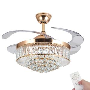 Erweater 36″ Retractable Crystal Ceiling Fan with 3-Color LED Remote and Timing Control Invisible Ceiling Fan Chandelier Retractable ABS Blades