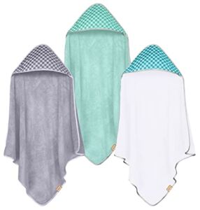 CORAL DOCK 3 Pack Baby Hooded Bath Towel Sets, Ultra Absorbent Baby Essentials Item for Newborn Boy Girl, Baby Bath Shower Towel Gifts for Infant and Toddler – Classic Neutral Plaid