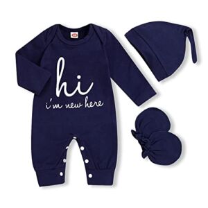 Newborn Baby Boy Romper Coming Home Outfits Letter Print Bodysuit Jumpsuit+Hat+Gloves 3PCS Clothes Set (A-Navy Blue, Newborn)