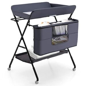 BANIROMAY Portable Baby Changing Table with Wheels, Folding Adjustable Height Diaper Station with Storage and Rack, Foldable Nursery Organizer Changing Table for Infant Newborn