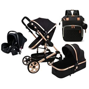 Nrity Lightweight Foldable 3-in-1 Baby Pram Stroller Luxury Convertible Bassinet Sleeping Stroller for Newborn Infant Strollers，Fashion Mummy Bag (Color : Black)