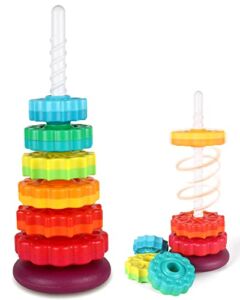 JUXUE Spinning Toy, Rainbow Stacking Toys for Toddlers 1-3, Ring Stacker Baby Toys 6 to 12 Months, 1 2 3 One Year Old Girl Boy Christmas Birthday Gifts, Montessori Brain Development Sensory Toys