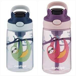 Contigo Kids Water Bottle, 14 oz with Autospout Technology – Spill Proof, Easy-Clean Lid Design – Ages 3 Plus, Top Rack Dishwasher Safe,2-PK Purple-Pink Sloth- Blue-Green Sloth