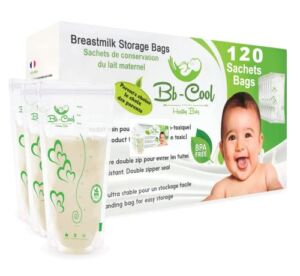 BB-COOL Breastmilk Storage Bags, 120 count ready to Use Breast milk bags for Breastfeeding, Breastmilk Storing Bags, Pre-Sealed Self Standing Bag, BPA Free 210ml