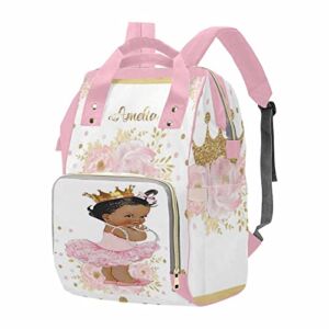 InterestPrint Personlaized Name Nappy Bag Diaper for Baby Boys & Girls, African American Princess Girl Pink Roses with Crown Waterproof Backpack Travel Bags Daddy Mommy, Multicolor, (DG7482595D)