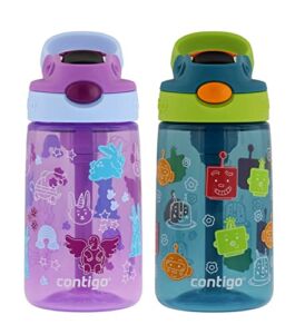 Contigo 14 oz Kids Plastic Water Bottle with Straw Lid, 2 Pack – Purple Bunnicorns and Blue Friendly Bots