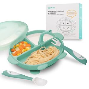 Qishare Silicone Suction Plates for Babies & Toddlers – Strong Suction Grip Divided Dish – Self Eating Utensils Set with Straw , Fork , Spoon for Kids – Dishwasher-Safe Toddler Plates (Green)