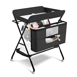 DAWNSPACES Baby Changing Tables, Portable Folding Baby Diaper Changing Table for Infant, Adjustable Height Changing Station with Nursery Organizer & Wheels, Black