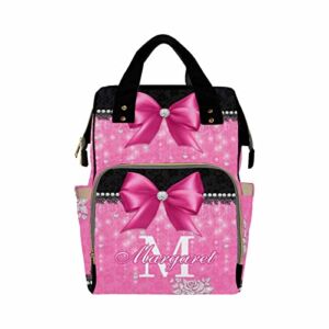 Customized Pink Bow Tie with Pearl Diaper Backpack Custom Bag with Name, Customized Travel Nappy Mommy Bag Backpack for Baby Girl Boy