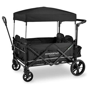 WONDERFOLD X4 Push & Pull Quad Stroller Wagon (4 Seater) Featuring Seats with 5-Point Harnesses, Adjustable Push Handle, and Adjustable/Removable UV-Protection Canopy, Stealth Black