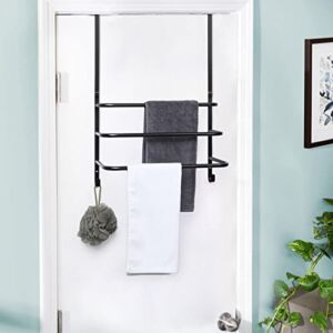 Over The Door Towel Rack with Hooks, 3-Tier Bathroom Back of Door Towel Bar, Black Shower Door Towel Hanger Holder, Door Blanket Holder for Clothes
