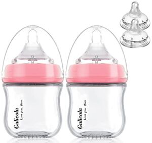 Gulicola Natural Glass Baby Bottle, Preemie and Newborn Anti-Colic Bottle Set with Extra Slow Flow Nipple, 0-3 Months, 3 oz, 2 Pack,Pink
