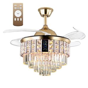 42 Inch Crystal Bluetooth Ceiling Fan with Lights and Remote, Crystal Chandelier with Fan 7-color and 6-Speed, Invisible Ceiling Fan with Speaker Silent Motor for Bedroom Living Room