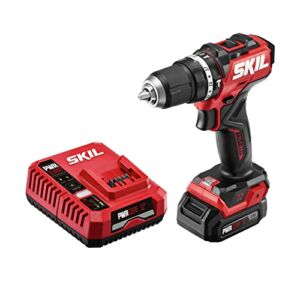 SKIL PWR CORE 12 Brushless 12V 1/2 In. Compact 3-In-1 Varible-Speed Hammer Drill Kit with 1/2” Keyless Ratcheting Chuck & LED Worklight Includes 2.0Ah Battery and PWR JUMP Charger – HD6290A-10