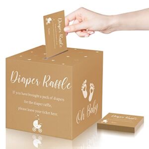50 Pcs Diaper Raffle Tickets with Box for Baby Shower Game Invitations Diaper Raffle Card for Gender Reveal Baby Shower Party Decoration Table Centerpiece Bring a Pack of Diaper to Win (Brown)