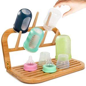 Bamboo Baby Bottle Drying Rack,Space Saving Travel Baby Bottle Rack Dryer Holder,Water-Resistant Travel Drying Rack for Bottles, Teats, Cups, and Accessories