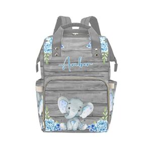 Blue Flower Elephant Diaper Bags Backpack with Name Personalized Baby Bag Nursing Nappy Bag Gifts