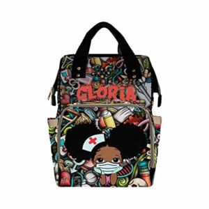Personalized Diaper Backpack with Name, African American Nurse Girl Custom Diaper Bag Baby Nappy Bag Shoulder Bag Casual Daypack Bag for Mom Baby Girls Boys School Travel