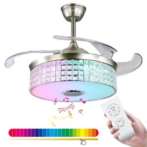 Modern Indoor LED Ceiling Fan with Light Remote Control, 42 Inch Bladeless Bluetooth Ceiling Fan with Pendant Light for Home Decor, 6 Speed RGB Light Color Change 4 Timers, Silver