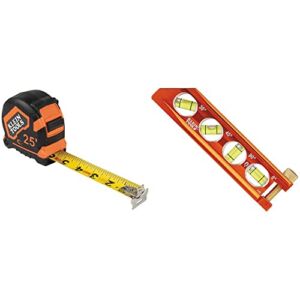 Klein Tools 9225 Tape Measure, Heavy-Duty Measuring Tape & 935AB4V Level, 6.25-Inch Magnetic Torpedo Level is a Conduit Level with 4 Vials, V-Groove and Magnet Track, High Viz Orange