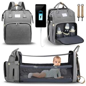 Large Diaper Bag Backpack with Foldable Crib, Portable Travel Baby Nappy Bag with Charging Cable Hole & Insulated Pocket, Free Mattress, Waterproof (Gray)