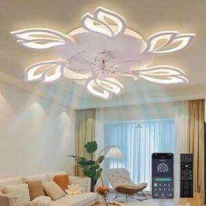 33.5″ Ceiling Fan with Lights,Modern Low Profile Ceiling Fan Light ,Flush Mount Ceiling Fan for Bedroom , LED Dimmable Remote Control APP 6 Speed Reversible Blades Bladeless Ceiling Fan (White)