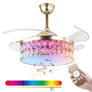 Modern Indoor Chandelier 42” Ceiling Fan Light RGB Color Dimmable, Retractable Ceiling Fan with Light APP Remote Bluetooth Speaker, Fandelier for Bedroom Living Room, Gold