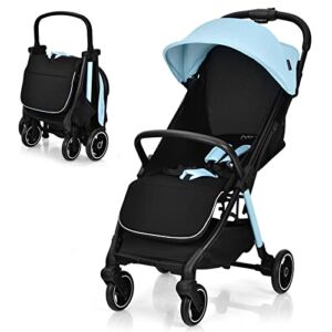 HONEY JOY Lightweight Stroller, Compact Convenience Baby Stroller, One-Hand Gravity Fold, Adjustable Canopy & Backrest, Storage Basket, Foldable Infant Travel Stroller for Airplane(Blue)
