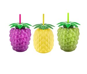 LEVKO 3 Pack of Spill-proof Tumbler With Pineapple Flex Straw For Parties And Kids 25oz, , Bpa Free,juice Bottle , Enjoy Parties (Yellow-Purple-Green)