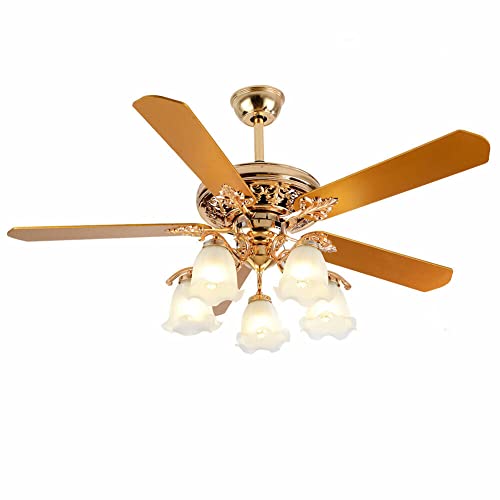 52 Inch Chandelier Ceiling Fan 5 Reversible Blades with 5 Flower Glass Light, Modern Golden Style LED Fan Chandelier Indoor Home Decor | The Storepaperoomates Retail Market - Fast Affordable Shopping