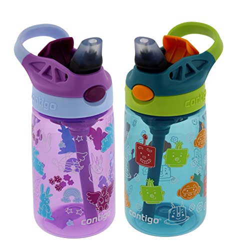 Contigo 14 oz Kids Plastic Water Bottle with Straw Lid, 2 Pack – Purple Bunnicorns and Blue Friendly Bots | The Storepaperoomates Retail Market - Fast Affordable Shopping