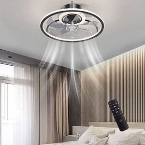 Ceiling Fans with Lights, 48W Bladeless Ceiling Fan with Light, Flush Mount Ceiling Fan with Lights Remote Control Low Profile 3 Speeds 3 Color Led Dimmable Lighting Indoor Black