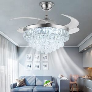 Crystal Ceiling Fan with Light,42Inch Dimmable Crystal Fandelier, Modern 3 Color Chandelier Fan with Remote Control 6 Speeds Retractable Ceiling Fan Indoor for Bedroom Living Room Dining Room