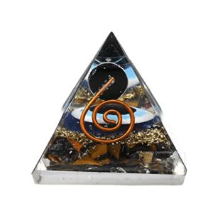 Ultimate Protection Orgone Pyramid with Evil Eye Black Obsidian Sphere – Triple Protection Crystals Tiger Eye Hematite & Black Obsidian (30mm, Small)
