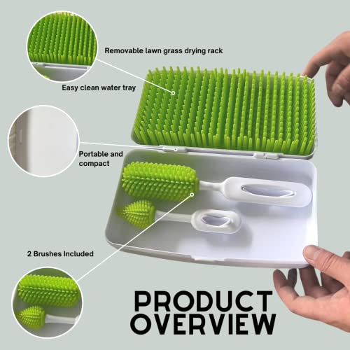 Travel Baby Bottle Drying Rack | Portable Lawn Grass Bottle Drying Rack | Includes 2 Snap-in Brushes & Travel Container | Removable Lawn Style Drying Rack | 4 Piece Set | The Storepaperoomates Retail Market - Fast Affordable Shopping