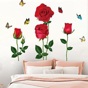 Dechom Romantic Red Rose Flower Wall Stickers Butterfly Floral Wall Decals DIY Wall Art Murals for Girls Woman Wedding Room Bedroom Bedside Backdrop Decorations