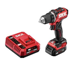 SKIL PWR CORE 12 Brushless 12V 1/2 In. Compact Varible-Speed Drill Driver Kit with 1/2” Single-Sleeve, Keyless Chuck & LED Worklight Includes 2.0Ah Battery and PWR JUMP Charger – DL6290A-10