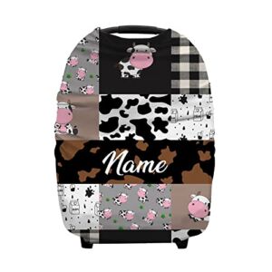 Personalized Cute Cow Baby Car Seat Covers with Name, Custom Cow Stripes Nursing Cover Breastfeeding for Babies, Carseat Canopy for Boys and Girls, Infant Stroller Cover, Breathable Carseat Cover