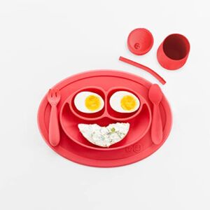 ezpz Mini Collection Set (Coral) – 100% Silicone Cup + Straw, Fork, Spoon & Mini Mat Suction Plate with Built-in Placemat for Infants + Toddlers – First Foods + Self-Feeding – 12 Months+