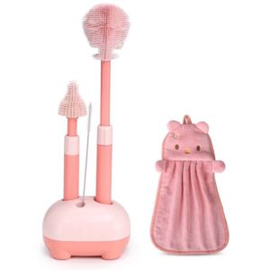 Baby Bottle Brush, VOOWO Telescopic Silicone Bottle Brush for Cleaning with Long Handle, Water Bottle Cleaner Brush with Nipple & Straw Cleaner, Included Stand and Towel (Pink)