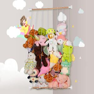 Jtskfcl Stuffed Animal Storage Hammock Hanging Toy Organizer with Canvas Base, Wood Country Style Large Corner Plush Toys Holder for Nursery Play Room Bedroom Kid’s Room White