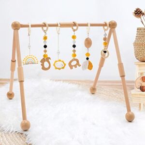 Frogprin Wooden Baby Play Gym, Baby Gym with 6 Hanging Sensory Toys, Natural Wood Baby Activity Gym Frame Hanging Bar Toddler Gym for Newborn Baby 0-12 Month Gift