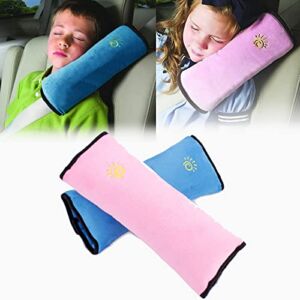 2 Pack Child Car Safety Strap Pillow,Seat Belt Cover for Kids,Adjustable Car Seat Belts Cushion,Headrest Neck Support for Kids (Blue + Pink)