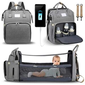 3 in 1 Diaper Bag Backpack Nappy Bag Changing Station, Portable Foldable Travel Baby Bag with USB Port & Insulated Pocket (Gray)