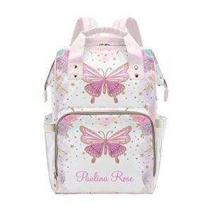 Magical Butterfly Fairy Personalized Diaper Backpack with Name,Custom Travel DayPack for Nappy Mommy Nursing Baby Bag One Size
