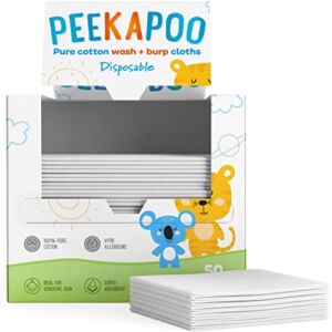 Peekapoo – 50 Pack, 100% Cotton Baby Burp Cloths + Wash Cloths | Biodegradable + Disposable | Soft, Thick, Baby Washcloths, Unscented, Hypoallergenic Burping Cloth, Clean Towels XL, Sensitive Skin