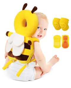 Baby Head Protector Cushion Toddler Head Protection Pillow Baby Backpack with Knee Pads&Anti-Slip Socks (Bee – Crystal Velvet)